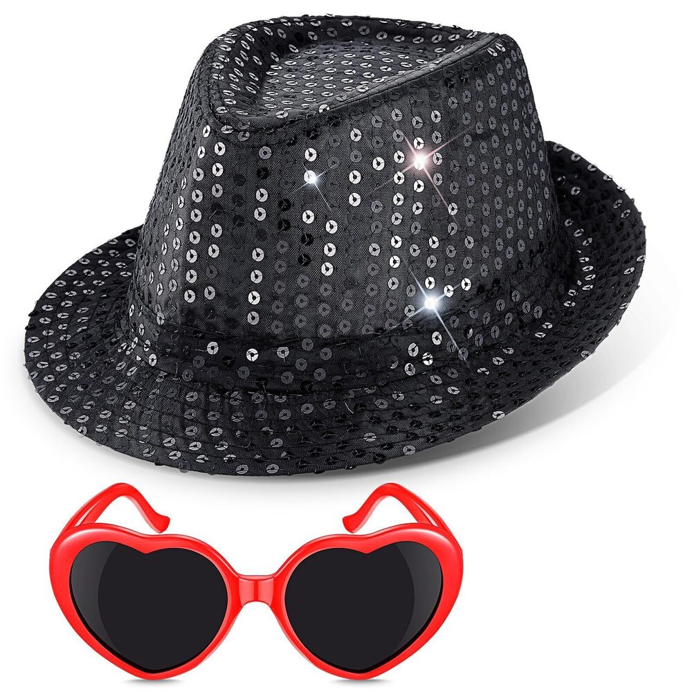 7491 2 Pcs Halloween Costume Accessories Black Sequin Hat Heart Shaped